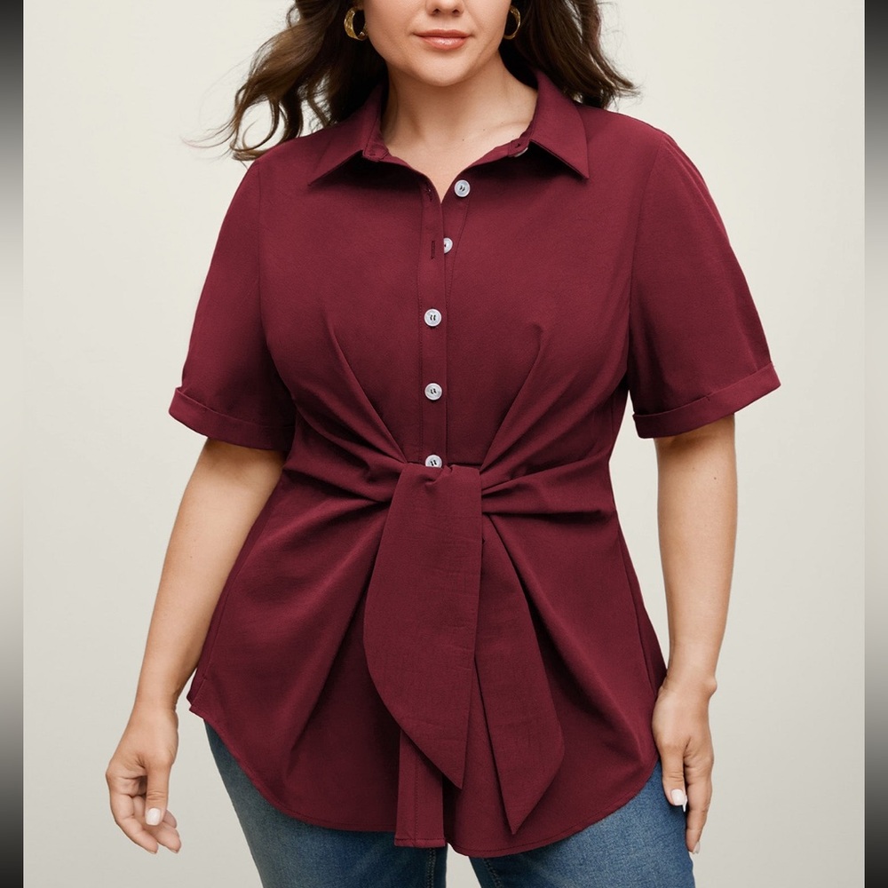 Women's Burgundy Tie-Front Blouse